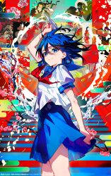Rule 34 | 1girl, arm up, blue eyes, blue hair, blue sailor collar, blue skirt, closed mouth, commentary request, from side, highres, holding, holding paper airplane, mika pikazo, neckerchief, original, paper airplane, red neckerchief, sailor collar, school uniform, serafuku, short hair, short sleeves, skirt, smile, solo, translation request