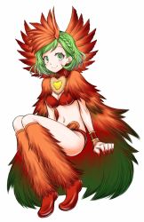 Rule 34 | 1girl, absurdres, akatsuki akira, breasts, cleavage, feathers, fingernails, full body, green eyes, green hair, highres, juuni taisen, looking at viewer, midriff, nail polish, navel, niwa ryouka, official art, red nails, sharp fingernails, simple background, smile, solo, white background