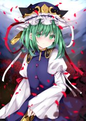 Rule 34 | 1girl, blue dress, blue hat, closed mouth, dress, flower, green eyes, green hair, hair between eyes, hat, holding, juliet sleeves, long sleeves, looking at viewer, nanase nao, petals, puffy sleeves, red flower, red ribbon, ribbon, rod of remorse, shiki eiki, shirt, sleeveless, sleeveless dress, sleeves past wrists, solo, spider lily, touhou, white ribbon, white shirt, wide sleeves