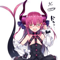Rule 34 | 10s, 1girl, absurdres, adjusting eyewear, asymmetrical horns, bad id, bad twitter id, bespectacled, blush, claws, closed eyes, corset, detached sleeves, doyagao, dragon horns, dragon tail, dress, elizabeth bathory (fate), elizabeth bathory (fate/extra ccc), elizabeth bathory (first ascension) (fate), fang, fate/extra, fate/extra ccc, fate/grand order, fate (series), flat chest, frilled sleeves, frills, glasses, hair ribbon, hand on eyewear, hand on own hip, highres, horns, kou mashiro, long hair, open mouth, pink hair, plaid, plaid skirt, pointy ears, purple-framed eyewear, ribbon, simple background, skirt, smug, solo, sparkle, split tail, tail, two side up, uneven horns, white background