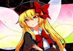Rule 34 | 1girl, bad id, bad twitter id, black hat, blonde hair, blouse, collared shirt, fairy wings, hair between eyes, hat, lily black, lily white, long hair, qqqrinkappp, red ribbon, ribbon, shirt, solo, touhou, traditional media, white shirt, wings, yellow eyes