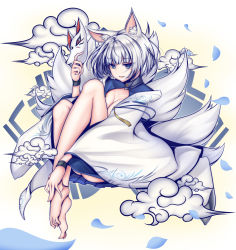 Rule 34 | 1girl, absurdres, animal ears, azur lane, bare legs, barefoot, blue eyes, blue skirt, breasts, cleavage, cleavage cutout, clothing cutout, cloud, fox ears, fox mask, fox tail, full body, highres, holding, holding mask, kaga (azur lane), knees up, long sleeves, looking at viewer, mask, multiple tails, parted lips, plantar flexion, pleated skirt, short hair, silver hair, skirt, smile, solo, tail, tetsu (excalibur920), toe scrunch, wide sleeves, wristband
