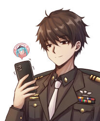 Rule 34 | 1boy, 1girl, anger vein, blue hair, brown eyes, brown hair, commander (nikke), goddess of victory: nikke, highres, holding, holding phone, jimpu6, looking at phone, male focus, military uniform, necktie, phone, privaty (nikke), short hair, simple background, smile, tactical clothes, twintails, uniform