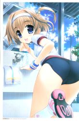 Rule 34 | 1girl, absurdres, ass, blue eyes, brown hair, buruma, drinking fountain, faucet, fountain, fujima takuya, gym uniform, hairband, highres, looking back, megami magazine, megami magazine deluxe, open mouth, original, scan, shoes, side ponytail, smile, sneakers, socks, solo, standing, standing on one leg, white socks