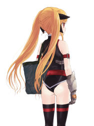 Rule 34 | 00s, 1girl, ass, bag, bare shoulders, black thighhighs, blonde hair, fate testarossa, from behind, gauntlets, hair ribbon, lyrical nanoha, mahou shoujo lyrical nanoha, red eyes, ribbon, simple background, solo, takanashi, thighhighs, twintails, wedgie, white background