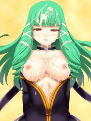 Rule 34 | breasts, breasts exposed, breasts out, cum, cum on body, cum on breasts, cum on upper body, emeraude (tales of graces), facial, green hair, hachiyou, highres, hime cut, hou (hachiyou), large breasts, nipples, red eyes, tales of (series), tales of graces