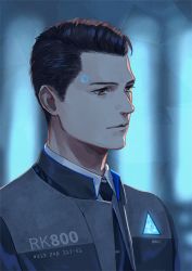 Rule 34 | 1boy, ame (conronca), android, black neckwear, brown eyes, brown hair, closed mouth, connor (detroit), detroit: become human, expressionless, grey jacket, jacket, looking to the side, male focus, solo, upper body