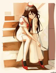 Rule 34 | 1girl, akira ferrari, andanden, aria (manga), bow, bowtie, brown eyes, brown hair, closed mouth, collarbone, dress, flower, full body, hair between eyes, hashtag-only commentary, head rest, high heels, highres, himeya company uniform, long hair, looking at viewer, outdoors, red bow, red bowtie, red flower, red headwear, sailor collar, shadow, short sleeves, side slit, sidelocks, signature, sitting, sitting on stairs, smile, solo, stairs, two-tone headwear, very long hair, white dress, white headwear