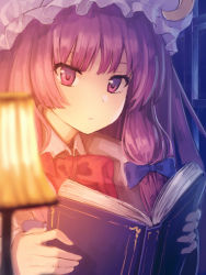 Rule 34 | 1girl, blurry, book, bow, crescent, crescent pin, depth of field, frown, hair ribbon, hat, highres, lamp, long hair, mob cap, patchouli knowledge, purple eyes, purple hair, ribbon, ryokucha manma, solo, touhou