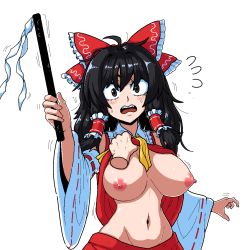 Rule 34 | 1girl, ascot, bare shoulders, black hair, blush, bow, breasts, clothes lift, detached sleeves, embarrassed, formicid, frilled bow, frills, gohei, hair bow, hair intakes, hair tubes, hakurei reimu, jaggy lines, japanese clothes, large breasts, long hair, miko, nipples, no bra, nontraditional miko, oekaki, red bow, red shirt, red skirt, shirt, shirt lift, simple background, skirt, sleeveless, sleeveless shirt, touhou, wavy mouth, white background, yellow ascot
