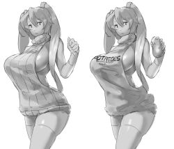 Rule 34 | 1girl, alternate breast size, backless outfit, bare shoulders, breasts, commentary, comparison, dress, eu03, expressionless, greyscale, halterneck, hatsune miku, in container, in sack, jitome, large breasts, meme attire, monochrome, multiple views, naked sweater, no bra, sack, sideboob, sketch, sweater, sweater dress, thighhighs, turtleneck, turtleneck sweater, twintails, variations, virgin killer sweater, vocaloid