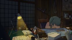 Rule 34 | 1girl, claw hammer, crossed arms, desk, green hair, hammer, hatsune miku, highres, indoors, lamp, long hair, pen, sitting, sleeping, sleeveless, solo, two side up, vocaloid, zhayin-san