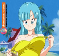 Rule 34 | 1girl, animated, animated gif, bare shoulders, beach, beach chair, beach umbrella, blinking, blue eyes, blue hair, blunt bangs, blurry, bouncing breasts, breasts, breasts apart, cloud, depth of field, dragon ball, dragonball z, female focus, foxybulma, grass, happy, house, island, kame house, large breasts, long hair, looking at viewer, maron (dragon ball), matching hair/eyes, medium breasts, nipples, ocean, one-piece swimsuit, outdoors, palm tree, patreon, presenting, self exposure, shiny skin, sky, smile, swimsuit, thighs, tree, umbrella, upper body, water, yellow one-piece swimsuit