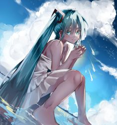 Rule 34 | 1girl, alternate costume, aqua eyes, aqua hair, blush, breasts, cloud, dress, hair between eyes, hatsune miku, highres, long hair, looking at viewer, moonchii, outdoors, ripples, sitting, sleeveless, small breasts, smile, solo, twintails, very long hair, vocaloid, water