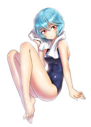 Rule 34 | 1girl, alternate costume, arm support, ayanami rei, barefoot, blue hair, breasts, feet, full body, kws, looking to the side, medium breasts, name tag, neon genesis evangelion, one-piece swimsuit, partially submerged, red eyes, school swimsuit, short hair, sitting, solo, swimsuit, toes, towel, water, white background