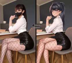 Rule 34 | 1girl, ahoge, art vs artist, black hair, black mask, black skirt, blue eyes, blush, closed mouth, commentary, crossed legs, cup, dress shirt, ear piercing, earrings, english commentary, eyelashes, facial mark, feet out of frame, fishnet pantyhose, fishnets, from side, glasses, heart, heart facial mark, highres, holding, holding pen, indoors, jewelry, legs, light smile, long hair, mask, mouth mask, nabi (wonnikon), notebook, office lady, on chair, original, pantyhose, pen, pencil skirt, photo-referenced, photo inset, piercing, ponytail, reference inset, self-portrait, shadow, shirt, shirt tucked in, sitting, skirt, sleeves rolled up, table, teacup, thighs, twitch logo, twitch username, twitter logo, twitter username, white shirt, wonnikon, wooden floor