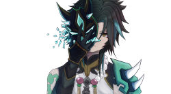 Rule 34 | 1boy, arm guards, arm tattoo, bare shoulders, bead necklace, beads, black gloves, black hair, closed mouth, ever txa, facial mark, forehead mark, genshin impact, gloves, green hair, highres, holding, holding mask, jewelry, long hair, looking at viewer, male focus, mask, mask over one eye, multicolored hair, necklace, one eye covered, parted bangs, shoulder pads, shoulder spikes, simple background, sleeveless, slit pupils, solo, spikes, tassel, tattoo, white background, xiao (genshin impact), yellow eyes