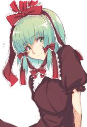 Rule 34 | 1girl, blush, bow, brown dress, brown sleeves, closed mouth, collar, dress, green eyes, green hair, hair between eyes, hair bow, kagiyama hina, kaiza (rider000), looking to the side, puffy short sleeves, puffy sleeves, red bow, short hair, short sleeves, simple background, smile, solo, touhou, white background, white collar