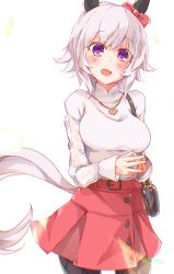 Rule 34 | 1girl, :d, animal ears, bag, blush, bow, breasts, brown pantyhose, curren chan (umamusume), ear bow, grey hair, hair between eyes, highres, horse ears, horse girl, horse tail, long sleeves, looking at viewer, medium breasts, open mouth, pantyhose, pleated skirt, purple eyes, red bow, red skirt, rinrin (927413), see-through, see-through sleeves, shirt, short hair, shoulder bag, skirt, sleeves past wrists, smile, solo, steepled fingers, tail, umamusume, white shirt