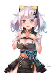 Rule 34 | 1girl, bad id, bad pixiv id, bare shoulders, black dress, blue eyes, blush, breasts, cleavage, cleavage cutout, clothing cutout, commentary request, dress, fingernails, hair ornament, highres, interlocked fingers, kaguya luna, large breasts, looking at viewer, obi, open mouth, saraki, sash, sidelocks, signature, silver hair, simple background, sleeveless, sleeveless dress, smile, solo, teeth, the moon studio, twintails, upper teeth only, virtual youtuber, white background