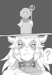 Rule 34 | 1girl, ?, blush, bowsette, collar, comic, fang, greyscale, highres, horns, jizou, kouson q, mario, mario (series), monochrome, new super mario bros. u deluxe, nintendo, ponytail, pout, silent comic, slit pupils, spiked collar, spikes, spoken question mark, statue, super crown, thick eyebrows