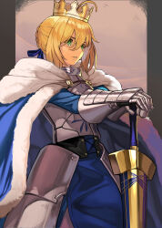 Rule 34 | 1girl, absurdres, ahoge, alwaysregg, armor, armored dress, artoria pendragon (all), artoria pendragon (fate), avalon (fate/stay night), blonde hair, blue cloak, blue dress, blue ribbon, cloak, commentary, crown, dress, english commentary, excalibur (fate/stay night), fate/grand order, fate/stay night, fate (series), faulds, fur-trimmed cloak, fur trim, gauntlets, green eyes, hair ribbon, hands on hilt, highres, looking to the side, own hands together, parted lips, ribbon, saber (fate), solo, sword, vambraces, weapon