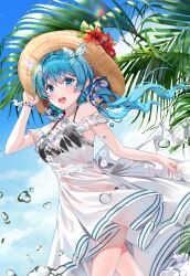 Rule 34 | 1girl, aqua hair, bikini, bikini under clothes, black bikini, blue eyes, blue sky, blush, bug, butterfly, dress, flower, hair ornament, hand on headwear, hat, hat flower, highres, insect, long hair, looking at viewer, off-shoulder dress, off shoulder, open mouth, original, outdoors, palm tree, see-through, sky, solo, sun hat, swimsuit, tree, ttorong, wet, wet clothes, white dress