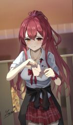 Rule 34 | 1girl, absurdres, black cardigan, breasts, cardigan, closed mouth, crying, crying with eyes open, gyaru, heart, heart necklace, heterochromia, highres, hololive, houshou marine, jewelry, large breasts, long hair, looking at viewer, nagae yama, neckerchief, necklace, plaid, plaid skirt, ponytail, red eyes, red hair, red neckerchief, red skirt, school uniform, shirt, skirt, solo, tearing up, tears, virtual youtuber, white shirt, yellow eyes