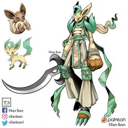 Rule 34 | 1boy, :3, armor, artist name, brown eyes, claws, commentary, creatures (company), digimon, eevee, english commentary, full body, game freak, gen 1 pokemon, gen 4 pokemon, holding, holding sword, holding weapon, leafeon, mask, nintendo, parody, pokemon, reference inset, scarf, solo, spiked anklet, style parody, sword, tail, villiam boom, weapon, white background, yellow eyes