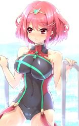Rule 34 | 1girl, bad id, bad twitter id, bare shoulders, blush, breasts, competition swimsuit, female focus, gem, hair ornament, headpiece, highres, jewelry, large breasts, navel, nintendo, nkeggg, one-piece swimsuit, pink eyes, pink hair, pool, pyra (pro swimmer) (xenoblade), pyra (xenoblade), red eyes, red hair, short hair, skin tight, smile, solo, swimsuit, tiara, water, xenoblade chronicles (series), xenoblade chronicles 2