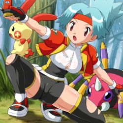 Rule 34 | 00s, 1girl, ariados, bike shorts, blue hair, breasts, capture styler, covered erect nipples, creatures (company), game freak, gen 2 pokemon, gen 3 pokemon, gloves, grass, headband, large breasts, legs, lowres, nintendo, plusle, pokemoa, pokemon, pokemon (creature), pokemon ranger, pokemon ranger (game), pokemon ranger 1, purple eyes, shoes, skin tight, sneakers, solana (pokemon), spandex, squatting, thighhighs, tight clothes, torn clothes, tree, uniform