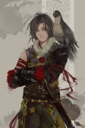 Rule 34 | 1boy, absurdres, animal, animal on shoulder, warrior of light (ff14), baboon (artist), banner, bead necklace, beads, beige background, belt, bird, bird on shoulder, bracer, closed mouth, cowboy shot, crossed arms, falcon, fantasy, filigree, final fantasy, final fantasy xiv, fur collar, girdle, gourd, grey background, grey eyes, highres, jewelry, katana, long hair, looking to the side, necklace, original, red ribbon, ribbon, samurai, samurai (final fantasy), sheath, sheathed, solo, sword, tassel, tsurime, vambraces, weapon