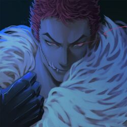 Rule 34 | 1boy, black gloves, charlotte katakuri, commentary, dark background, english commentary, fur trim, gloves, glowing, glowing eyes, highres, k164, looking at viewer, male focus, one piece, portrait, red eyes, red hair, scar, scar on face, sharp teeth, short hair, smile, teeth