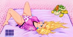 Rule 34 | bed sheet, blonde hair, blue eyes, bottomless, bowser, bowser logo, character doll, covered erect nipples, earrings, foot out of frame, highres, jersey, jersey dress, jewelry, lips, mario (series), nintendo, pale skin, pink shirt, pinup (style), stuffed toy, princess peach, saiori (artist), self-upload, shirt, soccer uniform, sportswear, super mario bros. 1, thighs