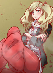 Rule 34 | 10s, 1girl, blonde hair, blue eyes, blush, crossed arms, crossed legs, feet, foot focus, hair ornament, hairclip, looking at viewer, megami tensei, no shoes, panpa, pantyhose, persona, persona 5, pov, red pantyhose, shin megami tensei, sitting, soles, solo, steam, takamaki anne, twintails, wavy hair