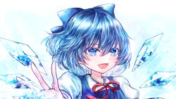 Rule 34 | 1girl, :d, blue background, blue bow, blue dress, blue eyes, blue hair, blue theme, bow, cirno, close-up, commentary request, detached wings, dress, hair between eyes, hair bow, highres, ice, ice wings, neck ribbon, open mouth, pasumaro, pinafore dress, puffy short sleeves, puffy sleeves, red ribbon, ribbon, shirt, short hair, short sleeves, sleeveless dress, smile, solo, touhou, white shirt, wings