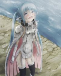 Rule 34 | 1girl, :d, blue eyes, blue hair, cape, collar, crying, crying with eyes open, elbow gloves, from above, gloves, long hair, looking at viewer, matching hair/eyes, nikuman (kgntk), nikuman (samara), nymph (sora no otoshimono), open mouth, smile, solo, sora no otoshimono, tears, twintails, very long hair