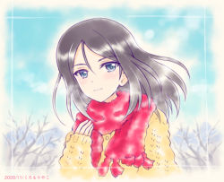 Rule 34 | 1girl, artist name, bare tree, black hair, blue eyes, blue sky, breath, casual, closed mouth, commentary, dated, day, fringe trim, girls und panzer, kuromori yako, long hair, long sleeves, looking at viewer, nonna (girls und panzer), outdoors, red scarf, scarf, sky, smile, solo, sweater, swept bangs, tree, upper body, wind, winter clothes, yellow sweater