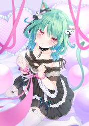 Rule 34 | 1girl, animal ear fluff, animal ears, balloon, bed sheet, black dress, blue hair, cat ears, cat girl, cat tail, collarbone, cuffs, dress, ear piercing, frilled dress, frilled pillow, frilled thighhighs, frills, garter straps, gradient hair, green hair, handcuffs, heart, heart-shaped pillow, highres, hololive, looking at viewer, multicolored hair, no shoes, off shoulder, parted lips, piercing, pillow, red eyes, sakura yunuto, sitting, solo, tail, thighhighs, uruha rushia, uruha rushia (3rd costume), virtual youtuber, wariza, white thighhighs
