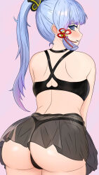 Rule 34 | 1girl, alternate costume, artist request, ass, ass focus, ayaka (genshin impact), bare shoulders, blue eyes, blue hair, blush, cameltoe, come hither, from behind, genshin impact, gradient hair, hair ornament, highres, huge ass, long hair, looking at viewer, looking back, miniskirt, multicolored hair, naughty face, open mouth, ponytail, purple hair, see-through, see-through skirt, skirt, smile, solo, thong, very long hair