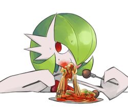 Rule 34 | bob cut, colored skin, creatures (company), dmt (auburn), eating, food, food in mouth, food on face, game freak, gardevoir, gen 3 pokemon, green hair, hair over one eye, meatball, mega gardevoir, mega pokemon, nintendo, pasta, plate, pokemon, pokemon (creature), red eyes, simple background, spaghetti, spaghetti and meatballs, sweat, white background, white skin