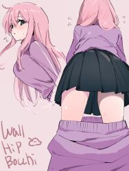 Rule 34 | 1girl, black eyes, bocchi the rock!, clothes pull, english text, flying sweatdrops, from behind, from below, from side, gotoh hitori, grey background, head blush, highres, jacket, long hair, long sleeves, looking at viewer, multiple views, open mouth, pants, pants pull, pink hair, pink jacket, pink pants, pleated skirt, simple background, skirt, stuck, sweat, thighs, through wall, track jacket, track pants, ukitaryu