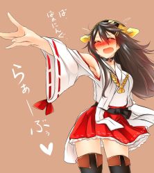 Rule 34 | 10s, 1girl, armpits, black thighhighs, blush, boots, brown hair, burning love (phrase), choker, commentary request, detached sleeves, embarrassed, flying sweatdrops, hair ornament, hairband, hairclip, haruna (kancolle), heart, kantai collection, long hair, nontraditional miko, open mouth, pleated skirt, simple background, skirt, solo, sweat, thigh boots, thighhighs, tsukui kachou, zettai ryouiki
