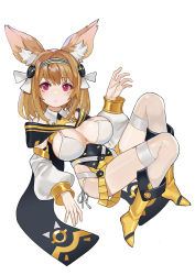 Rule 34 | 1girl, animal ears, bikini, blonde hair, buttons, cape, closed mouth, copyright request, double-breasted, fox ears, full body, hair ornament, hairband, hand up, hands up, highres, long sleeves, looking at viewer, luicent, medium hair, pink eyes, puffy long sleeves, puffy sleeves, sanpaku, see-through, see-through legwear, side-tie bikini bottom, simple background, solo, swimsuit, thighhighs, white background, white bikini