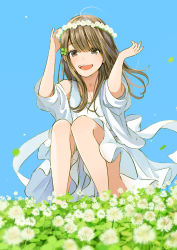 Rule 34 | 1girl, absurdres, brown eyes, brown hair, clothes between thighs, clover, clover hair ornament, day, dress, field, flower, four-leaf clover, hair ornament, head wreath, highres, leaf, looking at viewer, medium hair, open mouth, original, outdoors, sako (35s 00), smile, solo, squatting, thighs, white dress, wind