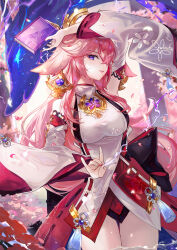 Rule 34 | 1girl, absurdres, animal ears, arm up, armpit peek, book, breasts, cherry blossoms, detached sleeves, fox ears, fox shadow puppet, genshin impact, gold trim, hair ornament, highres, holding, holding book, long hair, looking at viewer, medium breasts, nail polish, nontraditional miko, one eye covered, pink hair, pink nails, purple eyes, sleeves past wrists, solo, thighs, vardan, yae miko