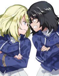 Rule 34 | 2girls, andou (girls und panzer), angry, bc freedom military uniform, black hair, blonde hair, blue eyes, blue jacket, blue vest, brown eyes, commentary, crossed arms, dark-skinned female, dark skin, dress shirt, frown, girls und panzer, glaring, grimace, high collar, jacket, leaning to the side, lightning glare, long sleeves, looking at another, medium hair, messy hair, military, military uniform, multiple girls, oono imo, oshida (girls und panzer), pleated skirt, sharp teeth, shirt, simple background, skirt, standing, teeth, uniform, upper body, vest, white background, white shirt, white skirt