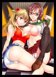 Rule 34 | 00s, 2girls, arm support, ass, black thighhighs, blouse, breast press, breast rest, breasts, cameltoe, covered erect nipples, evangelion: 2.0 you can (not) advance, fujisaka kuuki, glasses, hair ornament, hairband, large breasts, legs, makinami mari illustrious, midriff, miniskirt, multiple girls, necktie, neon genesis evangelion, nipples, no bra, open clothes, open shirt, panties, plaid, plaid skirt, pleated skirt, rebuild of evangelion, shirt, shoes, shorts, sitting, skirt, smile, souryuu asuka langley, spread legs, tank top, thighhighs, thighs, underwear, white panties, yuri