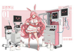Rule 34 | 1girl, absurdres, animal, animal ears, text background, bandaged leg, bandages, bow, clipboard, commentary, computer, english commentary, english text, frills, frown, glasses, hair bow, headphones, highres, holding, holding clipboard, holding syringe, kalle21, long hair, nurse, original, pink hair, rabbit, rabbit ears, rabbit girl, round eyewear, smiley face, solo, syringe, two-tone background
