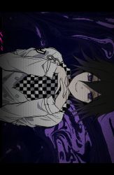 Rule 34 | 1boy, bad id, bad twitter id, black hair, buttons, chain, checkered clothes, checkered neckwear, checkered scarf, danganronpa (series), danganronpa v3: killing harmony, double-breasted, doum (dangan666), hair between eyes, highres, jacket, letterboxed, long sleeves, looking at viewer, male focus, medium hair, oma kokichi, own hands together, purple background, purple eyes, scarf, sketch, smile, solo, straitjacket, unmoving pattern, upper body